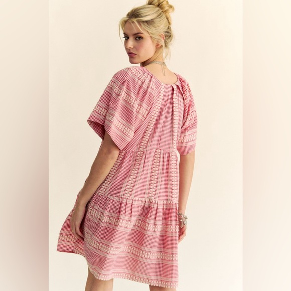 🟠 94B. Embroidered Stripe Detail Gingham Mini Dress - Red - Picture 7 of 13